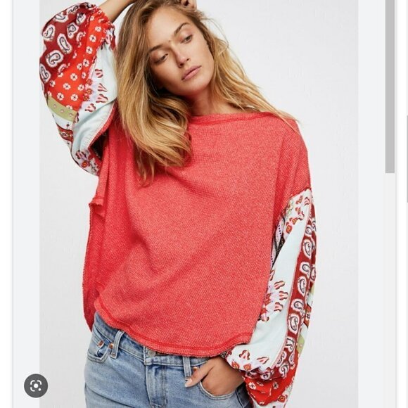 Free People | Blossom Thermal Oversized Popover Top Balloon Sleeves Red Size XS - Picture 2 of 13